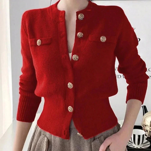 Sweaters - Red Casual Women's Long Sleeve Ribbed Knit Button Round Neck Cardigan